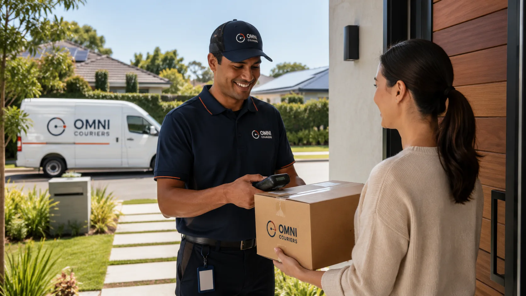 Omni Couriers driver handing a parcel to a customer at the door