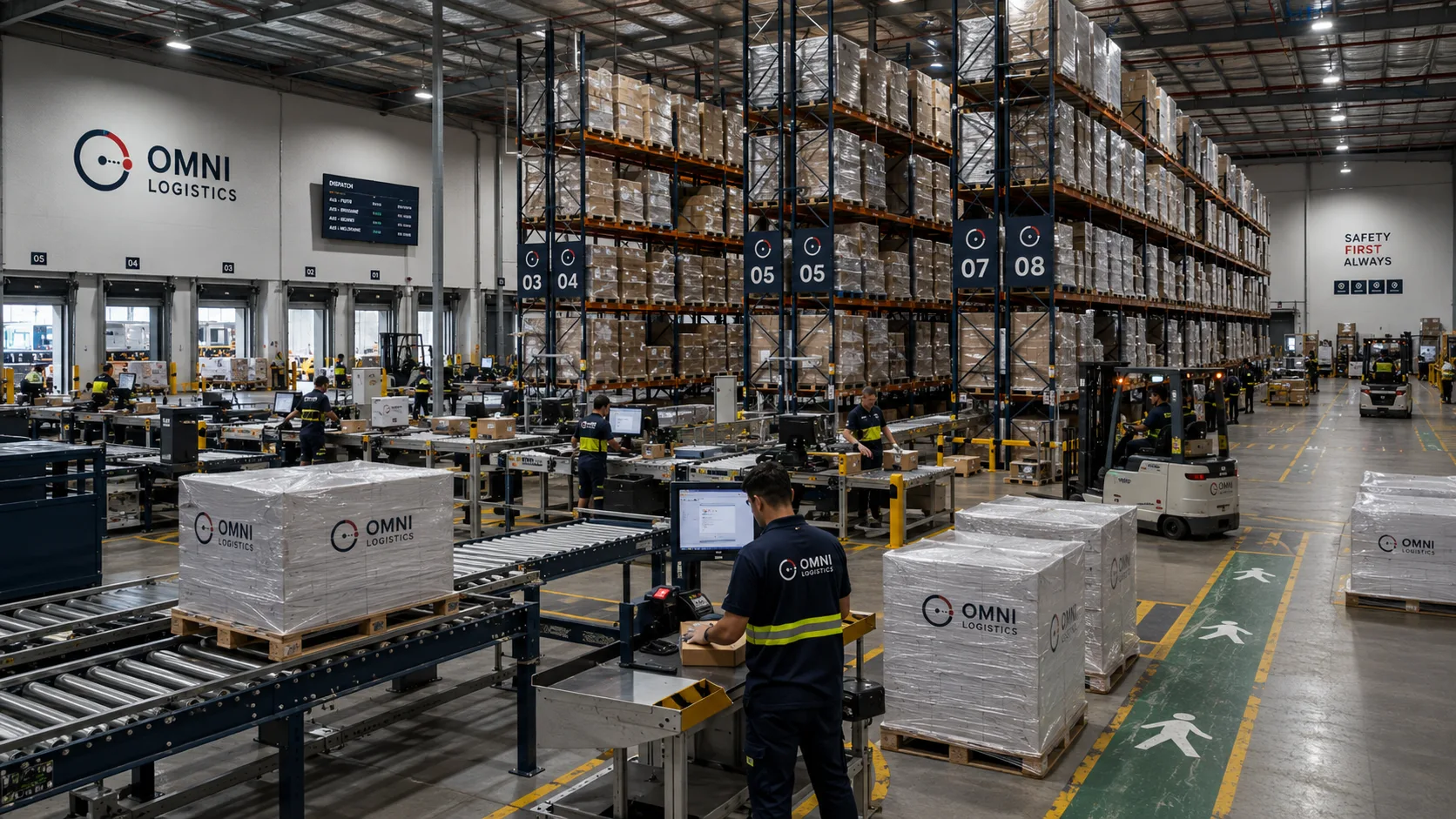 Omni Logistics fulfillment floor with pallet racking, conveyors and a dispatch board
